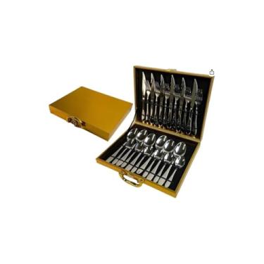 Imagem de Conjunto de Talheres em Aço Inox, 24 Peças com Maleta Dourada, Faqueiro Completo para Mesa, Colheres, Garfos, Facas, Acabamento Espelhado, Design Moderno