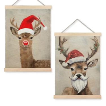 Imagem de YTRGI Decoração de arte de alces de rena de Natal, decoração de parede de rena de Natal, moldura vintage para cabide de alce com nariz vermelho, alces presentes 30,5 x 40,6 cm em conjunto de 2