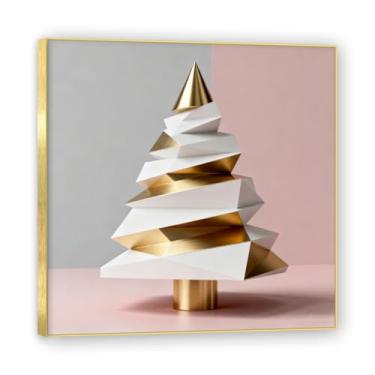 Imagem de Moldura dourada. Arte moderna de presente de Natal, arte geométrica de árvore rosa empoeirada e dourada, tela emoldurada pronta para pendurar para uma casa de férias elegante. A29. 70 x 70 cm - 27,5 x