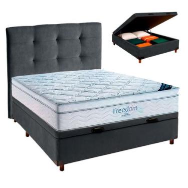 Imagem de Cama Box Bau Cinza+Colchão Casal Freedom Ortobom + Cabeceira