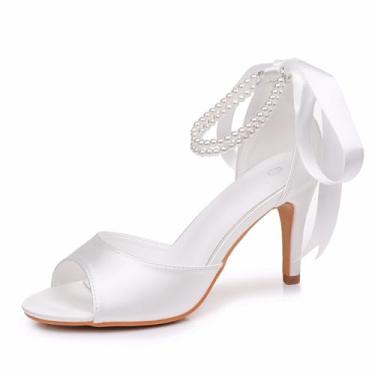 Imagem de Crystal Queen Sandálias femininas de cetim de 8,5 cm com salto plissado para noivas, sapatos de noiva com salto pérola, Branco marfim, 35