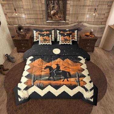 Imagem de Erosebridal Jogo de cama asteca de caubói solteiro com 7 peças, geométrico, deserto, exótico, étnico, boêmio, lua ocidental, cacto, lençol em uma bolsa, para crianças, meninos e homens