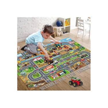 Imagem de Tapete Infantil com Carrinhos, Cidade em Plástico e Tecido Sintético, Verde, 80x70cm, Kit com 2 Carrinhos e Acessórios de Trânsito, para Crianças +3 Anos