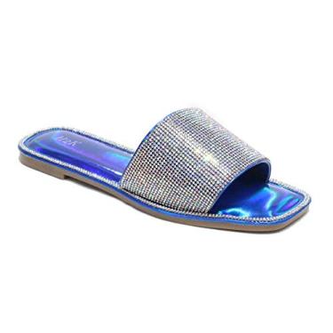 Imagem de H2K Sandália feminina brilhante brilhante com glitter, rasteira, salto anabela baixo, sandália brilhante Dream, Azul S, 6