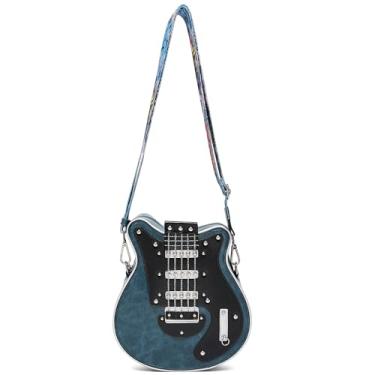 Imagem de Lyuxhetaokdiq Bolsa tiracolo masculina e feminina em forma de guitarra de couro PU exclusiva novidade bolsa de guitarra (azul 1)