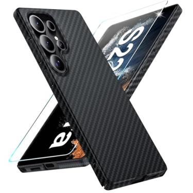 Imagem de Capa de fibra de carbono para Samsung Galaxy S22 Ultra com protetor de tela Slim Fit para Samsung S22 Ultra, capa de telefone resistente, durável, fina, híbrida, PC, capa de proteção rígida 5G (preto)