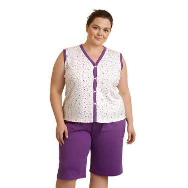 Imagem de Pijama Feminino Plus Size Pescador Estampa Floral Manga Curta Botão Go