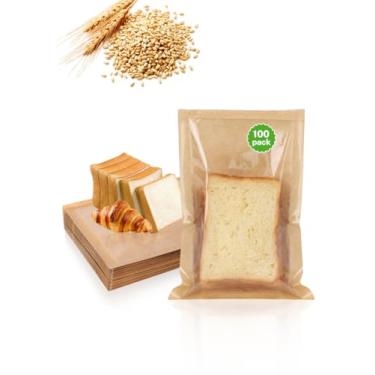 Imagem de 100 sacos de pão com janela, embalagem de padaria 50% mais grossa (19,6 x 14 x 1,5 cm) sacos de armazenamento para pão, donuts e lanches, natural
