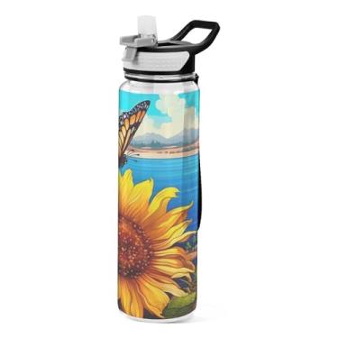 Imagem de ATTX Garrafa de água de borboleta de girassol, 947 ml, à prova de vazamento e livre de BPA, garrafas de água reutilizáveis de plástico Tritan para viagem, academia, corrida #555