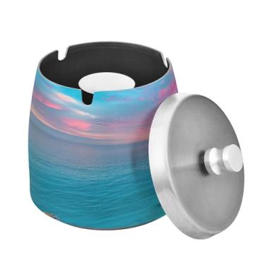 Imagem de Blueangle Lindo cinzeiro colorido do nascer do sol com tampa para cigarros, à prova de vento/à prova de chuva, aço inoxidável, sem fumaça, inodoro, cinzeiro para uso interno ou externo (597)