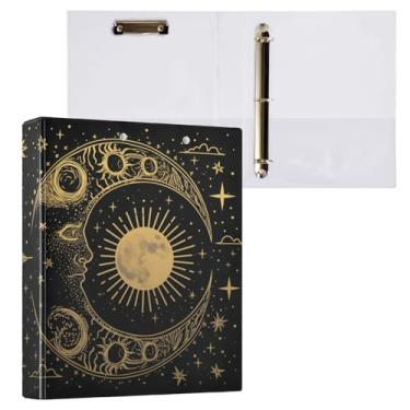 Imagem de Blueangle Fichário com 3 anéis de sol e lua dourados com prancheta e 2 bolsos - Organizador de documentos decorativos de 3 cm para escritório, suprimentos para reuniões (384)