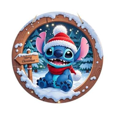 Imagem de Feliz Natal Placa De Madeira Lilo&Stitch Impressão De Guirlanda Para P