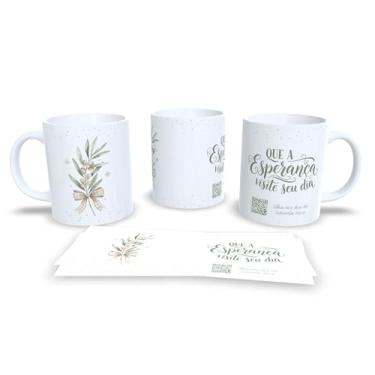 Imagem de Caneca Decorativa com Mensagem 'Que a Esperança Visite Seu Dia', Porcelana Branca, Design Floral Verde e Bege com Laço, QR Code (23198)