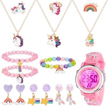 Imagem de NEWITIN Conjunto de joias para meninas, colares de unicórnio, pulseiras, brincos de pressão, multifuncional, digital, esportivo, alarme, cronômetro, 3D, à prova d'água, relógio de unicórnio para