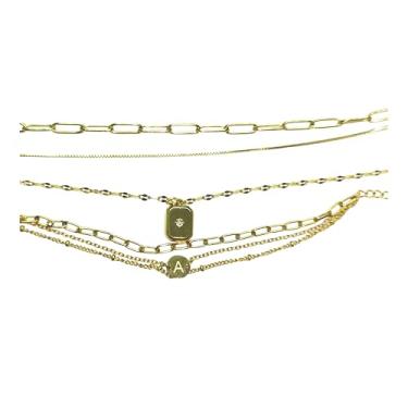 Imagem de Ruawtcs Colares e pulseiras em camadas banhados a ouro 14K para mulheres na moda, gargantilha delicada caixa de clipe de papel, colar de corrente empilhável com pingente feminino e conjunto de joias
