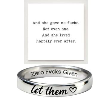 Imagem de BlingNook Let Them Zero Fcks Given Anel de mantra, aço inoxidável, anel de prata gravado, motivação, empilhável, autovalor, joia inspiradora da amizade para mulheres, melhores amigas, 6-10, Aço