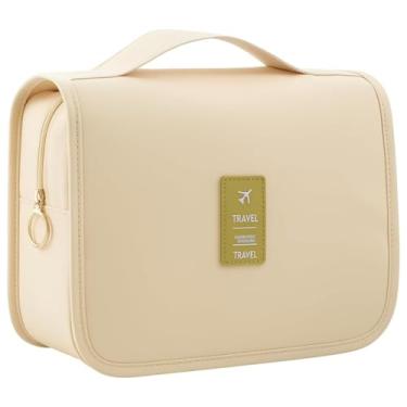 Imagem de Bolsa Necessaire Maquiagem Cosméticos Viagem Com Divisória e Cabide para Pendurar Organizador de Maquiagem Shampoo Perfumes Higiene Pessoal (Bege)