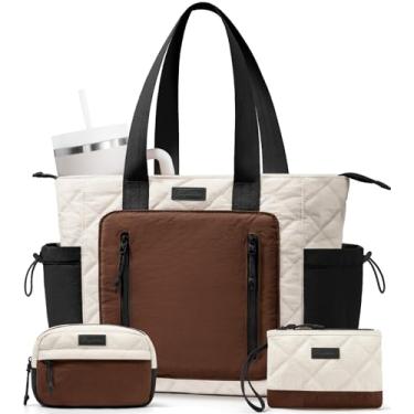 Imagem de Sacola acolchoada para mulheres, bolsa de mão leve e inchada para laptop, professora, enfermeira, ombro, escola, viagem, academia, Marrom creme-preto, One Size