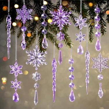 Imagem de 9 peças de enfeites de floco de neve de cristal acrílico roxo – decoração de pendurar no gelo com pingentes, perfeito para o país das maravilhas do inverno e lustre suprimentos de férias de inverno