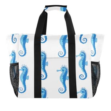 Imagem de Wassud Sacolas de mercearia reutilizáveis cavalos-marinhos azuis grande bolsa organizadora de lona impermeável para praia, piquenique, lavanderia, viagem