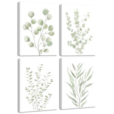 Imagem de Drsoum Arte de parede emoldurada de planta botânica decoração de parede boho para banheiro verde sálvia folhas de eucalipto impressões minimalistas estética pronta para pendurar conjunto de 4, 30 x 40
