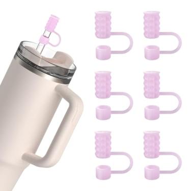 Imagem de 6 peças de tampas de palha de silicone de 10 mm compatíveis com Stanley Cup 40 e 850 g, tampas de palha reutilizáveis à prova de poeira para copo com alça, rosa translúcido