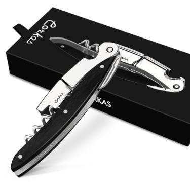 Imagem de Chave de vinho - Saca-rolhas de garçom CORKAS Prestige com alça de ébano, manual de abridor de vinho feito à mão com dobradiça dupla, cortador de folha e abridor de garrafas, presentes ideais para