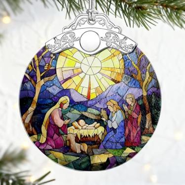 Imagem de Presentes cristãos: Ornamento de presépio de vitral | Enfeites de Natal (decorações de árvore de Natal), decoração de férias cristãs, decoração de família sagrada, presentes religiosos, presente de