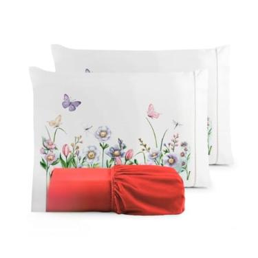 Imagem de Kit Jogo de Lençol Micropercal 400 Fios Ponto Palito Fronha Estampada(Borboleta - Lençol Vermelho,Casal Queen 03 Peças)