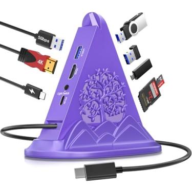 Imagem de Hub USB C, adaptador multiportas 8 em 1 com HDMI 4K, PD de 100 W, USB-Ax3 e USB-Cx1 de 5 Gbps, leitor de cartão SD/TF, hub de jogos RGB, acessório de mesa roxo escuro para mulheres, compatível com