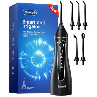 Imagem de Fio dental de água sem fio para dentes - Irrigador oral dental Nicwell 4 modos, portátil e recarregável IPX7 à prova d'água poderosa vida útil da bateria palhetas para limpeza de dentes