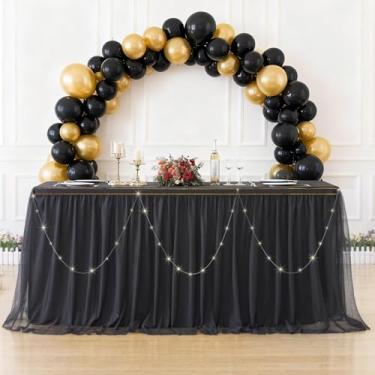 Imagem de emopaw Toalhas de mesa de tule preto de 1,8 m para mesas retangulares de 1,8 m, capa de mesa retangular com saia tutu para casamento, festa de aniversário, banquete, buffet
