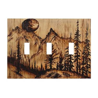 Imagem de DWBGUO Capa decorativa de placa de interruptor com placa de madeira marrom esculpida com design de paisagem de floresta de montanha, placa de parede artística de 3 grupos, capas exclusivas para