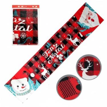 Imagem de Caminho de Mesa Natalino Xadrez Vermelho, Feliz Natal, 1,8m x 33cm, Decorativo com Papai Noel e Figura de Neve