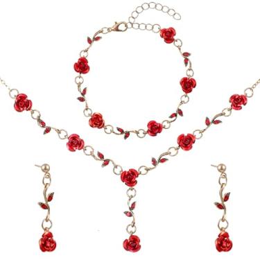 Imagem de ElevateTech Conjunto de joias de rosa vermelha, 3 peças, colar com pingente de flor vermelha, brincos pendentes para mulheres, joias estéticas vintage para casamento, formatura, Natal, Dia dos