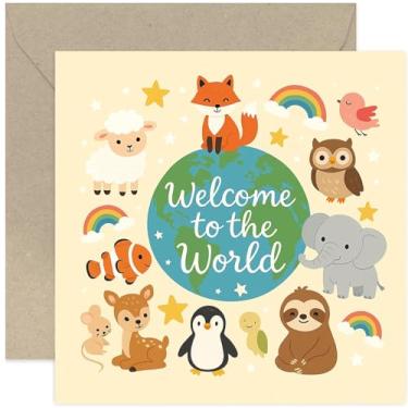 Imagem de Cartão premium para bebê, bem-vindo ao mundo, design de animais, recém-nascido, bebê, presentes para menino ou menina, em branco por dentro com envelope