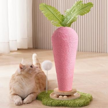 Imagem de Lindo poste arranhador para gatos, arranhador de cenoura com toca-discos de madeira natural durável e erva de gato, 61 cm H design em forma de cenoura arranhador de sisal para gatos internos (base de