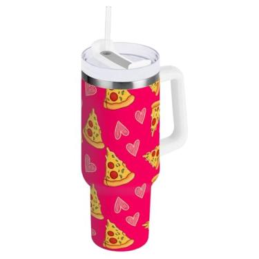 Imagem de ODAWA Copo de viagem isolado grande com canudo e alça, copo rosa à prova de vazamento de corações de pizza de desenho animado