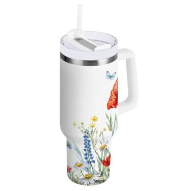 Imagem de ODAWA Copo de café grande para viagem com alça e palha, copo branco à prova de derramamento de flores silvestres com canudo