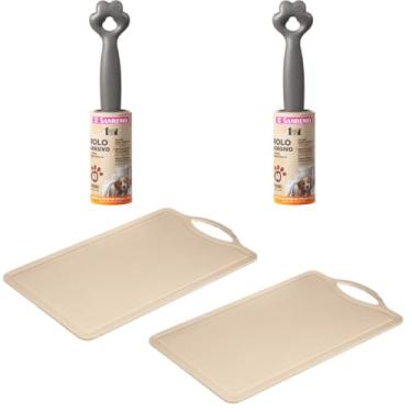 Imagem de Conjunto de 2 Tábua Bege Plástica de Corte para Alimentos + 2 Rolo Adesivo Tira Pelos Pet 60 Folhas