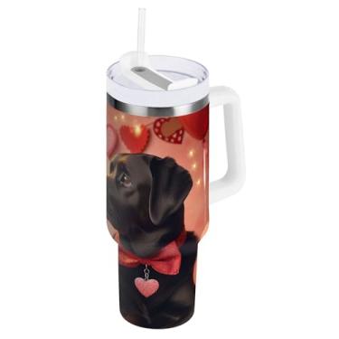 Imagem de ODAWA Copo grande com isolamento a vácuo de aço inoxidável vermelho Valentine Pets com canudo e alça