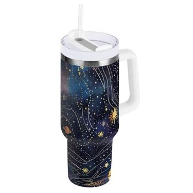 Imagem de Copo com isolamento duplo de 1,134 g com alça e tampa de palha, copos com isolamento de viagem Galaxy Space Purple