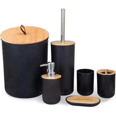 Imagem de Kit Banheiro Moderno Bambu 6 Peças Com Lixeira Tampa Fechada Dispenser de Sabonete Porta Escova Saboneteira e Copo (Preto)