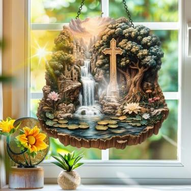 Imagem de Apanhador de sol de acrílico colorido, apanhadores de sol, cachoeira, árvore, decoração de janela, arte de parede de arco-íris, para varanda, interior, exterior, jardim, decoração de Natal, 19 x 19 cm