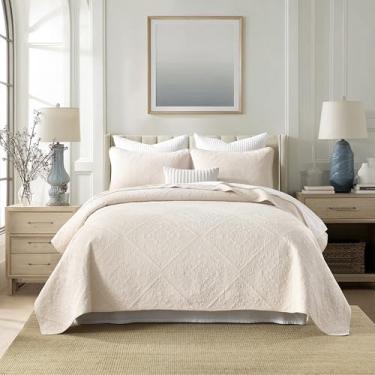 Imagem de AJOCCI Conjunto de edredom king size de algodão bege, conjunto de edredom geométrico, colcha de algodão macio, cor sólida, leve, para todas as estações, 3 peças