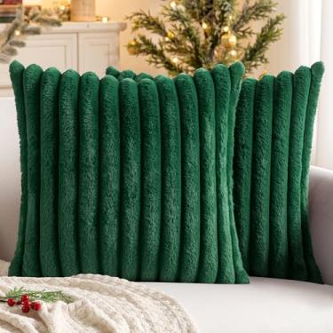 Imagem de MIULEE Capas de almofada decorativas de Natal de pele sintética 45,7 x 45,7 cm, conjunto de 2, almofadas de sofá de pelúcia macias e modernas para sofá-cama, verde escuro