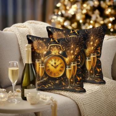 Imagem de HOMETITUTE Conjunto de 2 capas de almofada de linho feliz ano novo 45 x 45 cm ouro preto relógio champanhe fogos de artifício capas de almofada rústica casa de fazenda férias inverno fronhas para sofá