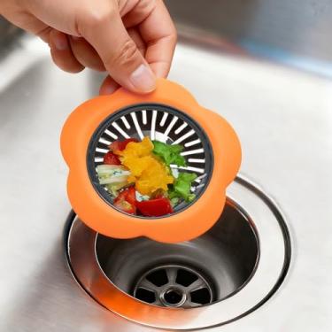 Imagem de Cesto de filtro de ralo de pia de silicone atualizado e tampa ampla - fácil de limpar, prevenção de entupimento para a maioria das pias de cozinha e banheiro (laranja)
