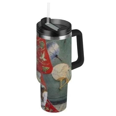 Imagem de Claude Monet Madame En Costume Copos japoneses com tampa e canudos Garrafas de água de aço inoxidável copo isolado com alça 850 g Termo Cars xícara de café bebida quente