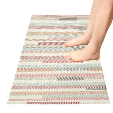 Imagem de TSENQUE Tapete de banheiro listrado colorido abstrato tapete de cozinha, tapete geométrico para porta de entrada antiderrapante, tapetes de banheiro absorventes para sala de estar, decoração de casa